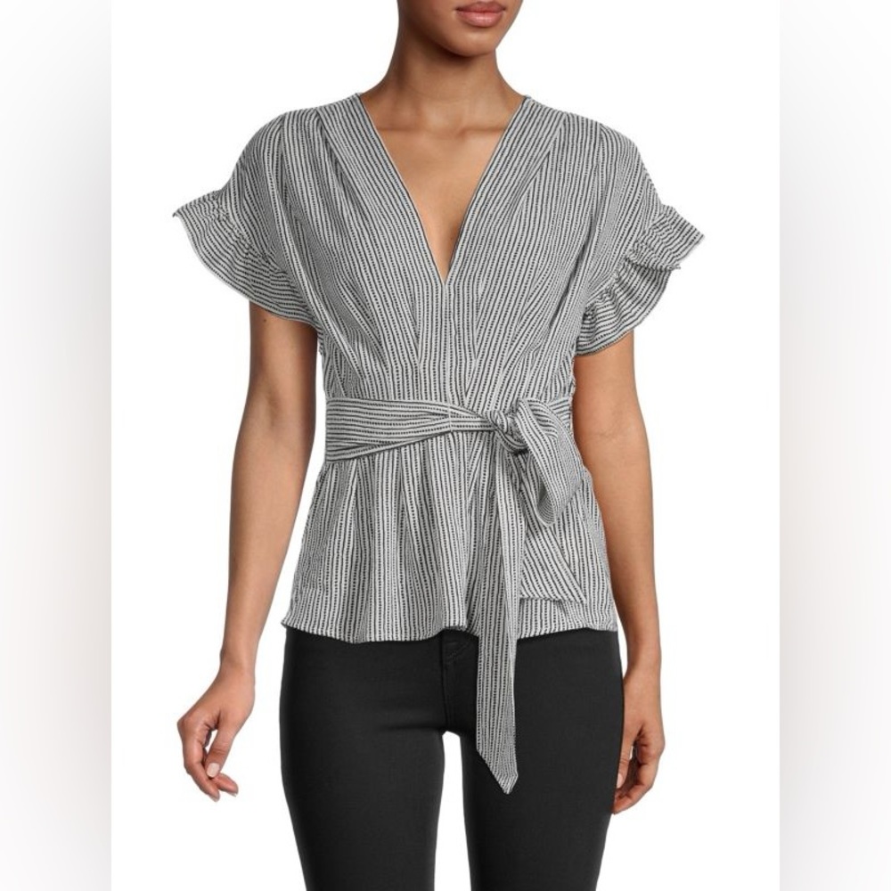 Max Studio Striped Tie-Front Blouse in Black and White Size Small